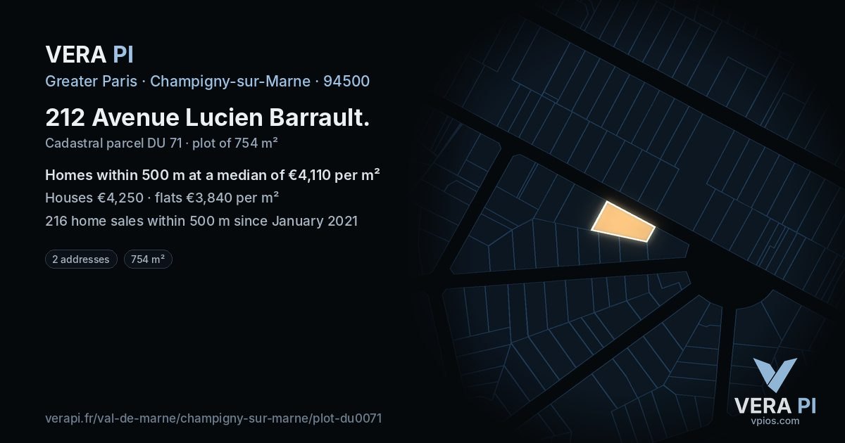 212 Avenue Lucien Barrault, Champigny-sur-Marne at night – the plot lit, the parcels around coloured by the prices near them