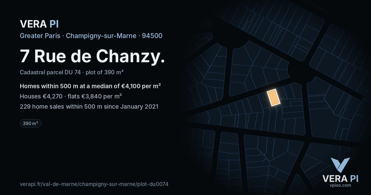 7 Rue de Chanzy, Champigny-sur-Marne at night – the plot lit, the parcels around coloured by the prices near them