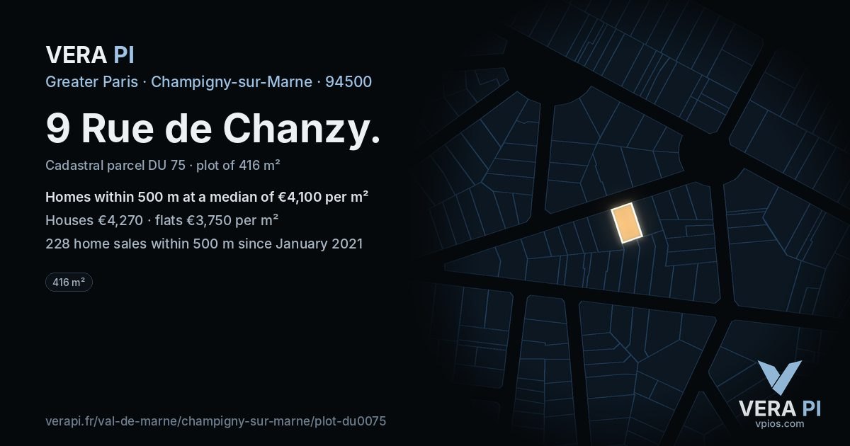 9 Rue de Chanzy, Champigny-sur-Marne at night – the plot lit, the parcels around coloured by the prices near them