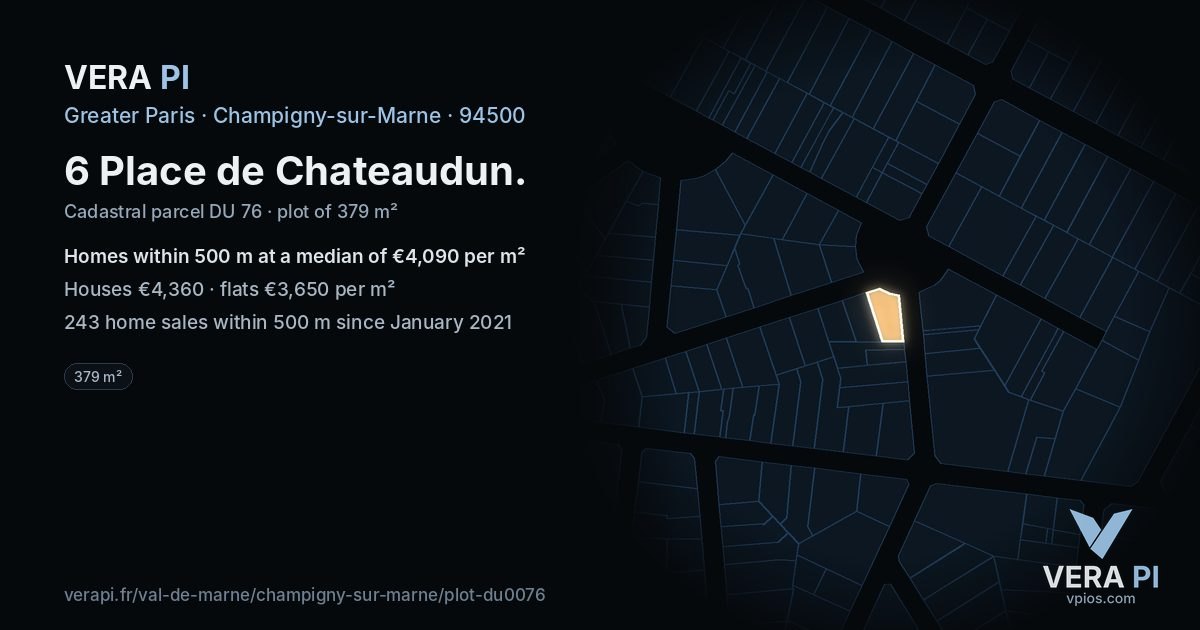 6 Place de Chateaudun, Champigny-sur-Marne at night – the plot lit, the parcels around coloured by the prices near them
