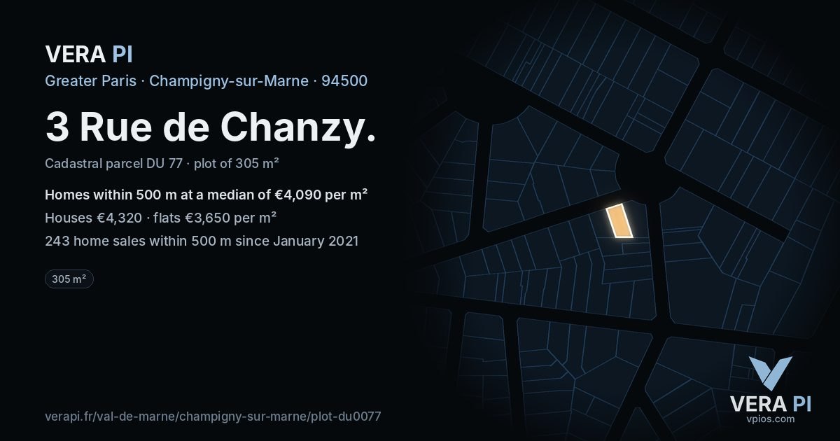 3 Rue de Chanzy, Champigny-sur-Marne at night – the plot lit, the parcels around coloured by the prices near them