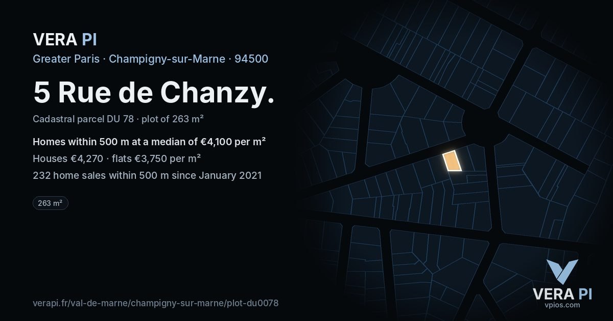 5 Rue de Chanzy, Champigny-sur-Marne at night – the plot lit, the parcels around coloured by the prices near them