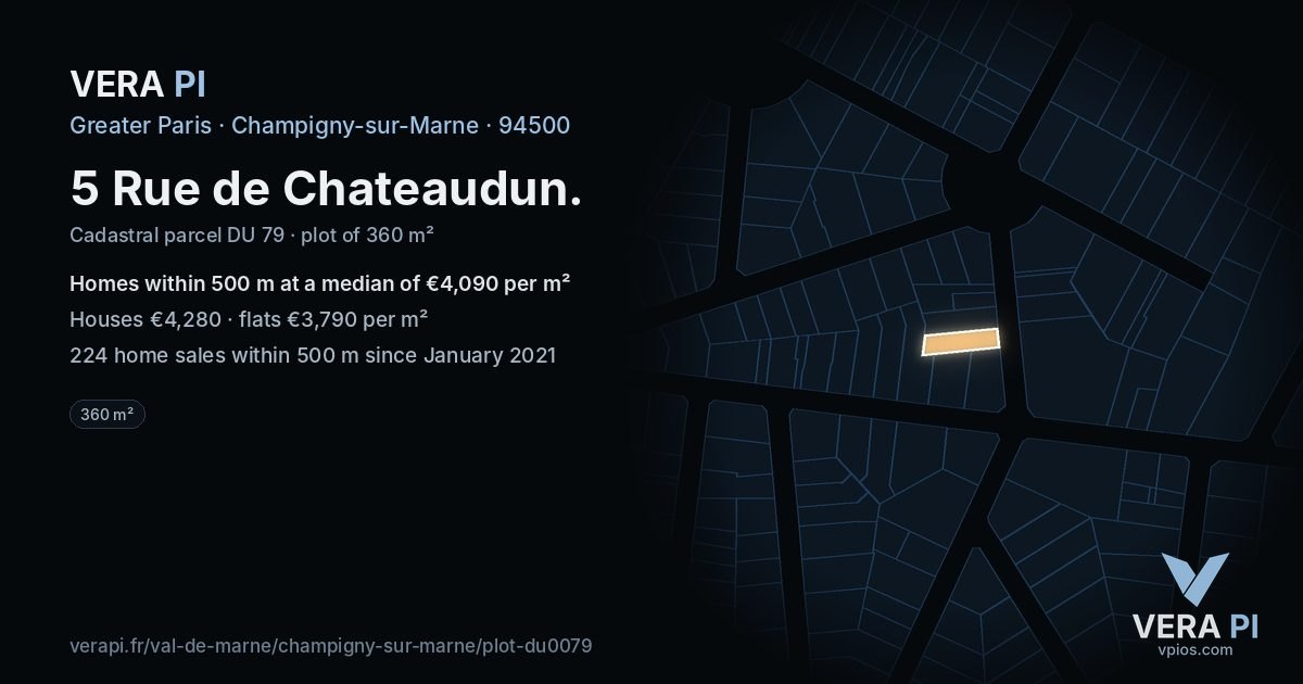 5 Rue de Chateaudun, Champigny-sur-Marne at night – the plot lit, the parcels around coloured by the prices near them
