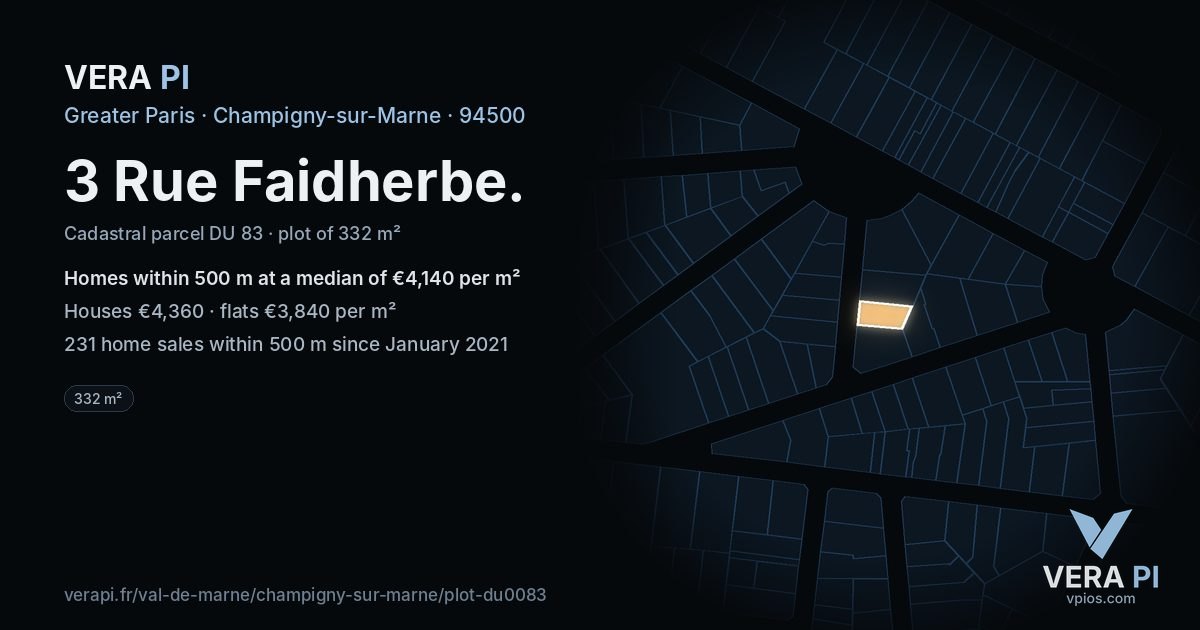 3 Rue Faidherbe, Champigny-sur-Marne at night – the plot lit, the parcels around coloured by the prices near them