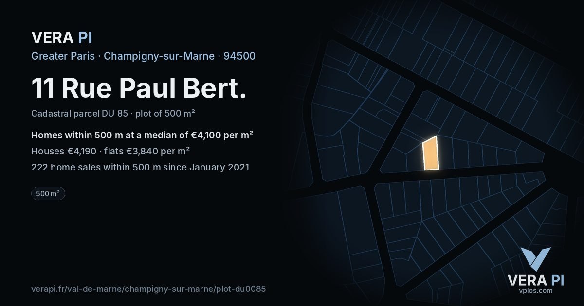 11 Rue Paul Bert, Champigny-sur-Marne at night – the plot lit, the parcels around coloured by the prices near them