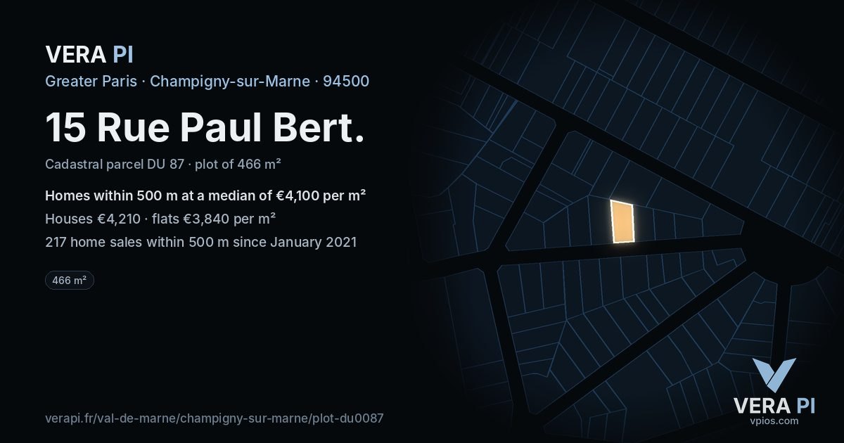 15 Rue Paul Bert, Champigny-sur-Marne at night – the plot lit, the parcels around coloured by the prices near them