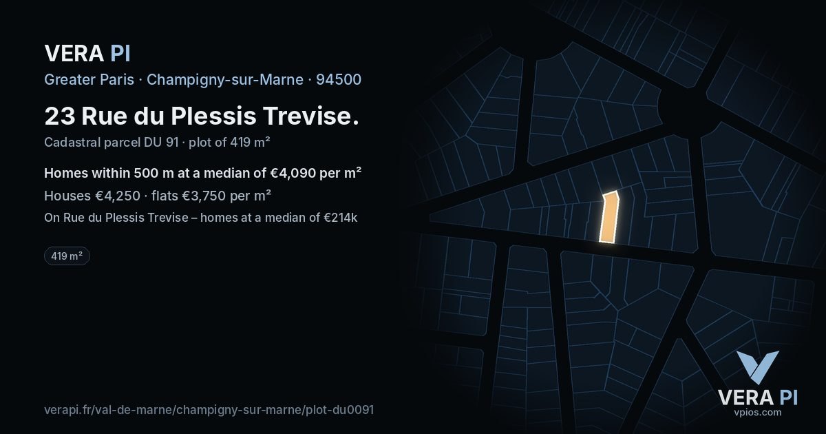 23 Rue du Plessis Trevise, Champigny-sur-Marne at night – the plot lit, the parcels around coloured by the prices near them