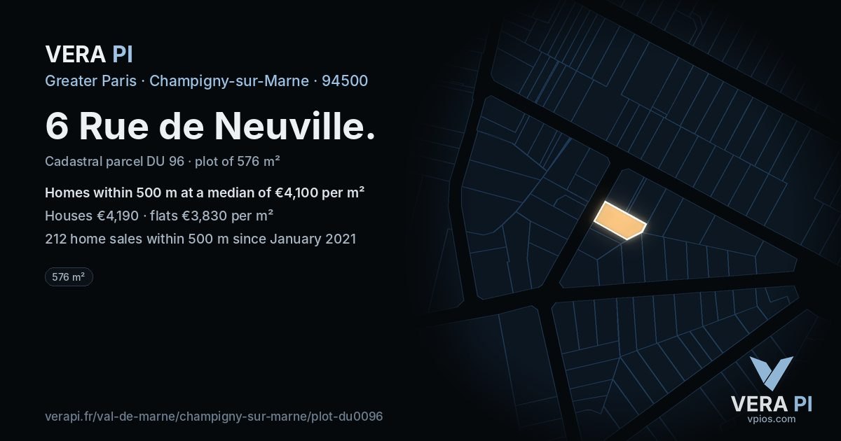 6 Rue de Neuville, Champigny-sur-Marne at night – the plot lit, the parcels around coloured by the prices near them