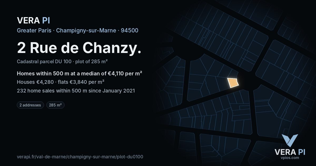 2 Rue de Chanzy, Champigny-sur-Marne at night – the plot lit, the parcels around coloured by the prices near them