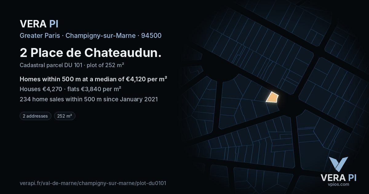 2 Place de Chateaudun, Champigny-sur-Marne at night – the plot lit, the parcels around coloured by the prices near them