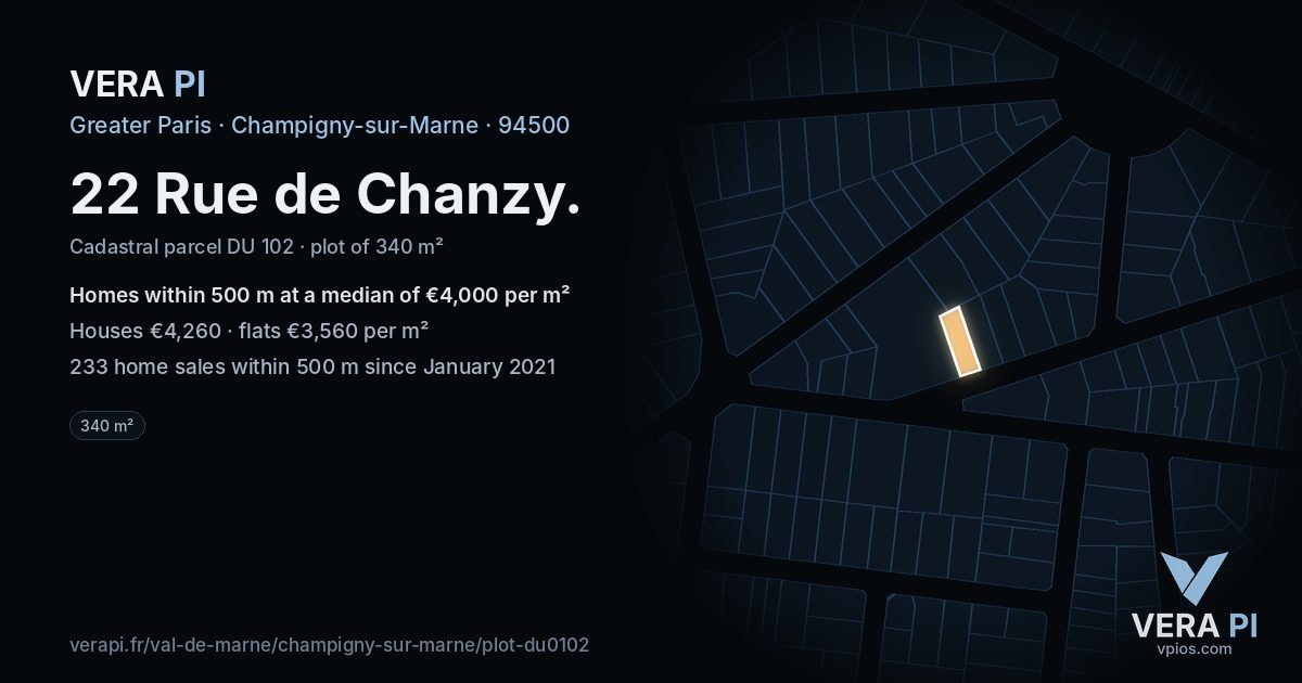 22 Rue de Chanzy, Champigny-sur-Marne at night – the plot lit, the parcels around coloured by the prices near them