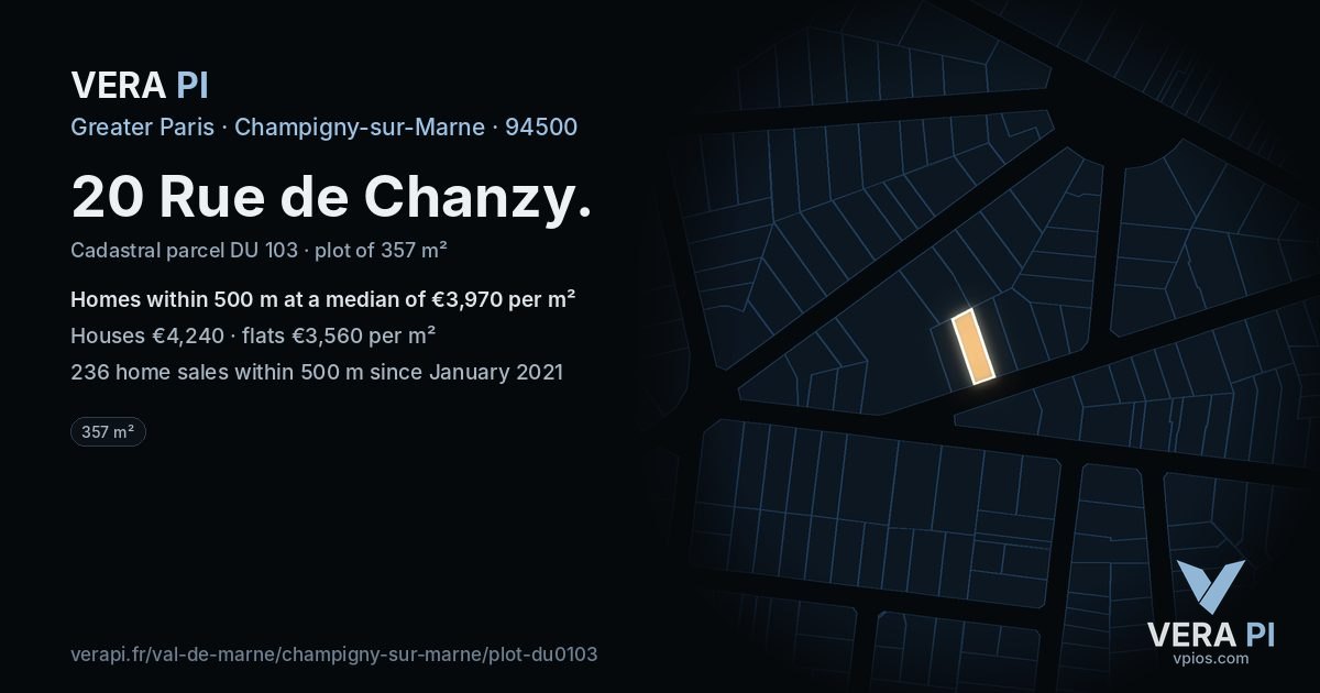 20 Rue de Chanzy, Champigny-sur-Marne at night – the plot lit, the parcels around coloured by the prices near them