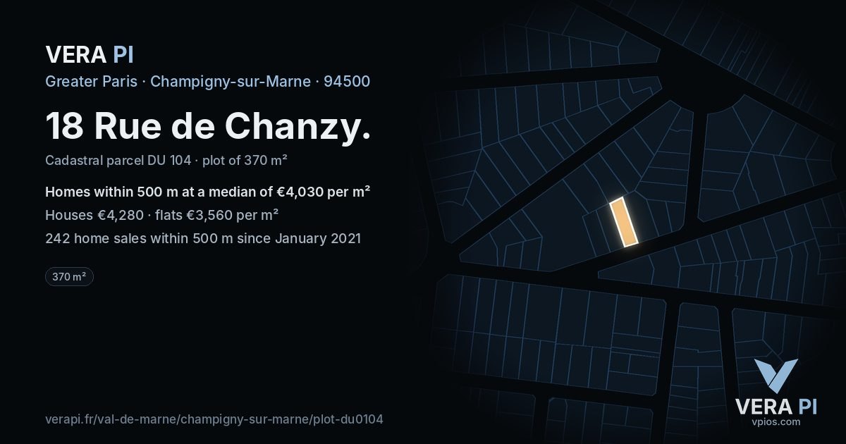 18 Rue de Chanzy, Champigny-sur-Marne at night – the plot lit, the parcels around coloured by the prices near them