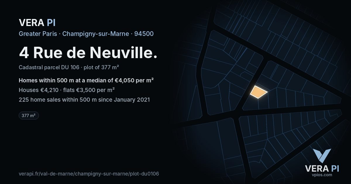 4 Rue de Neuville, Champigny-sur-Marne at night – the plot lit, the parcels around coloured by the prices near them