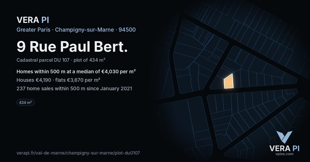 9 Rue Paul Bert, Champigny-sur-Marne at night – the plot lit, the parcels around coloured by the prices near them
