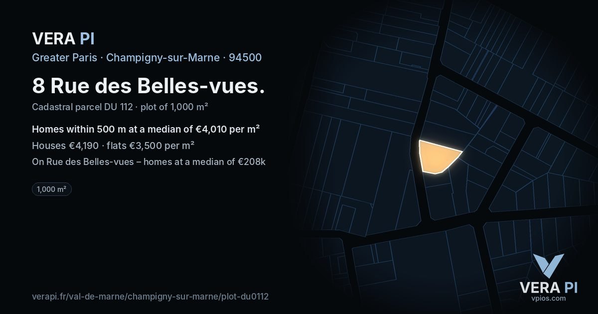 8 Rue des Belles-vues, Champigny-sur-Marne at night – the plot lit, the parcels around coloured by the prices near them