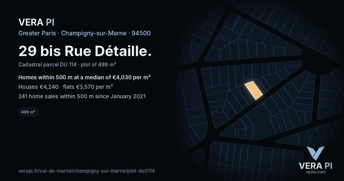 29 bis Rue Détaille, Champigny-sur-Marne at night – the plot lit, the parcels around coloured by the prices near them
