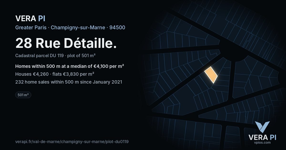 28 Rue Détaille, Champigny-sur-Marne at night – the plot lit, the parcels around coloured by the prices near them
