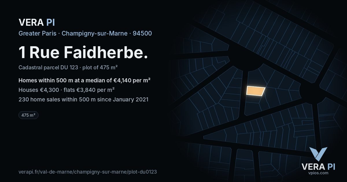 1 Rue Faidherbe, Champigny-sur-Marne at night – the plot lit, the parcels around coloured by the prices near them