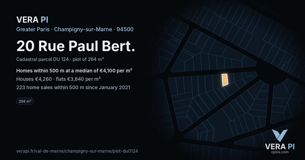 20 Rue Paul Bert, Champigny-sur-Marne at night – the plot lit, the parcels around coloured by the prices near them