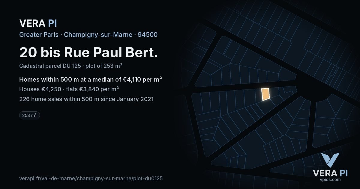 20 bis Rue Paul Bert, Champigny-sur-Marne at night – the plot lit, the parcels around coloured by the prices near them