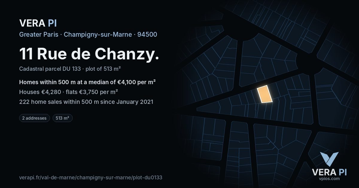 11 Rue de Chanzy, Champigny-sur-Marne at night – the plot lit, the parcels around coloured by the prices near them