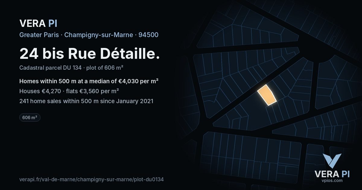 24 bis Rue Détaille, Champigny-sur-Marne at night – the plot lit, the parcels around coloured by the prices near them