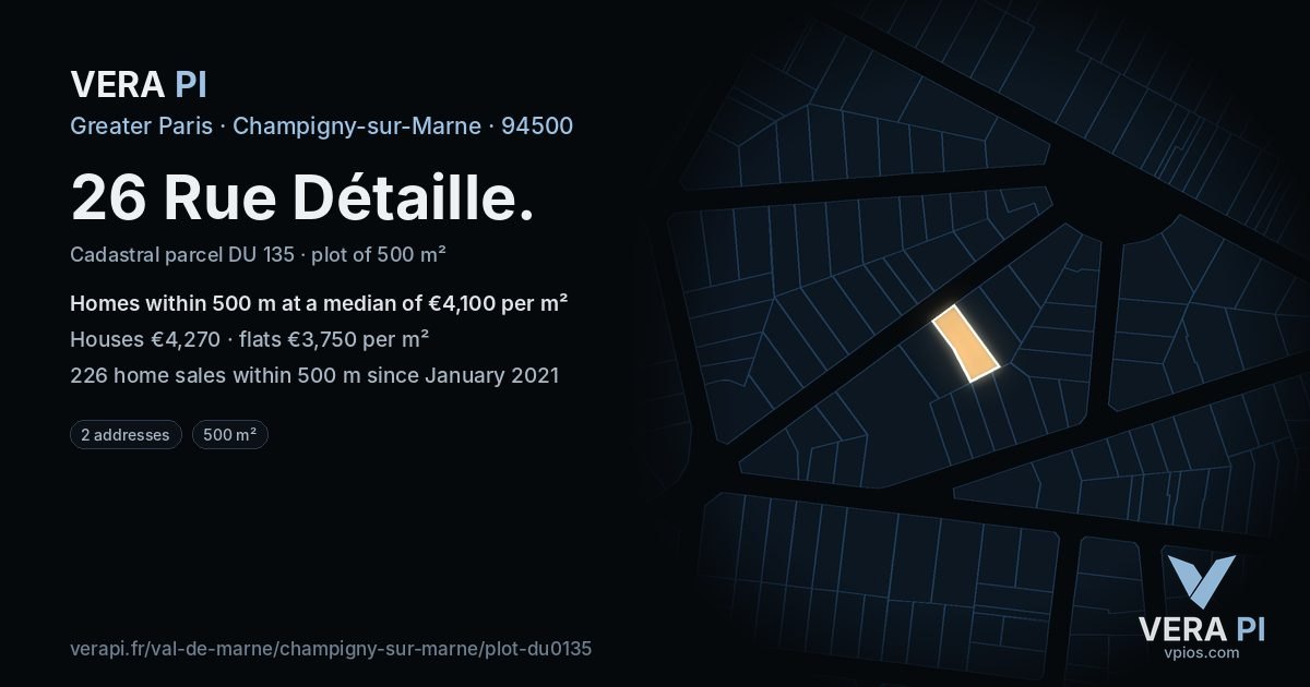 26 Rue Détaille, Champigny-sur-Marne at night – the plot lit, the parcels around coloured by the prices near them