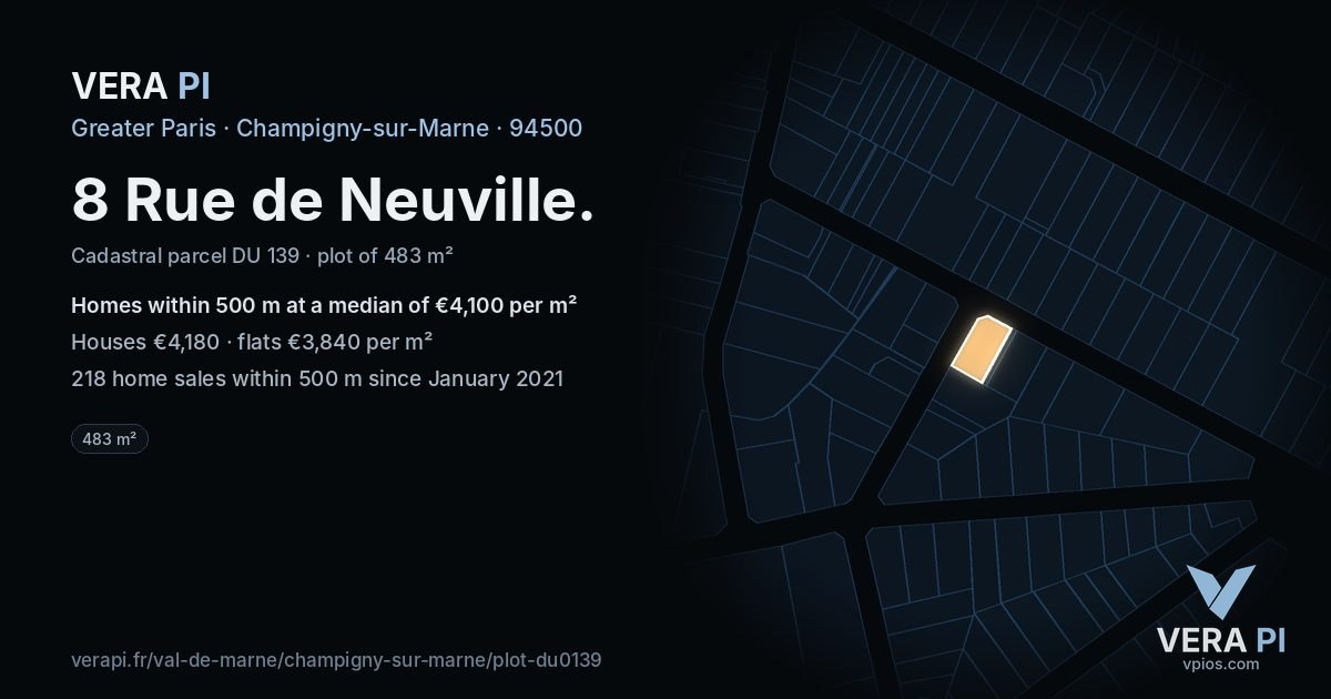 8 Rue de Neuville, Champigny-sur-Marne at night – the plot lit, the parcels around coloured by the prices near them