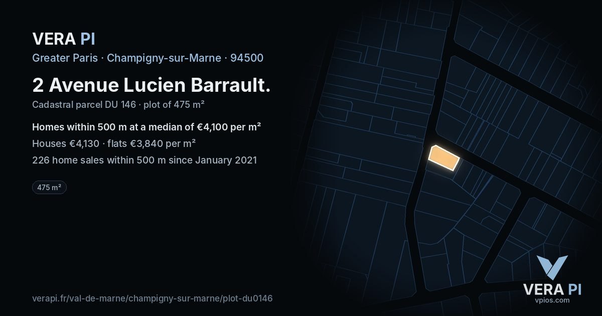 2 Avenue Lucien Barrault, Champigny-sur-Marne at night – the plot lit, the parcels around coloured by the prices near them