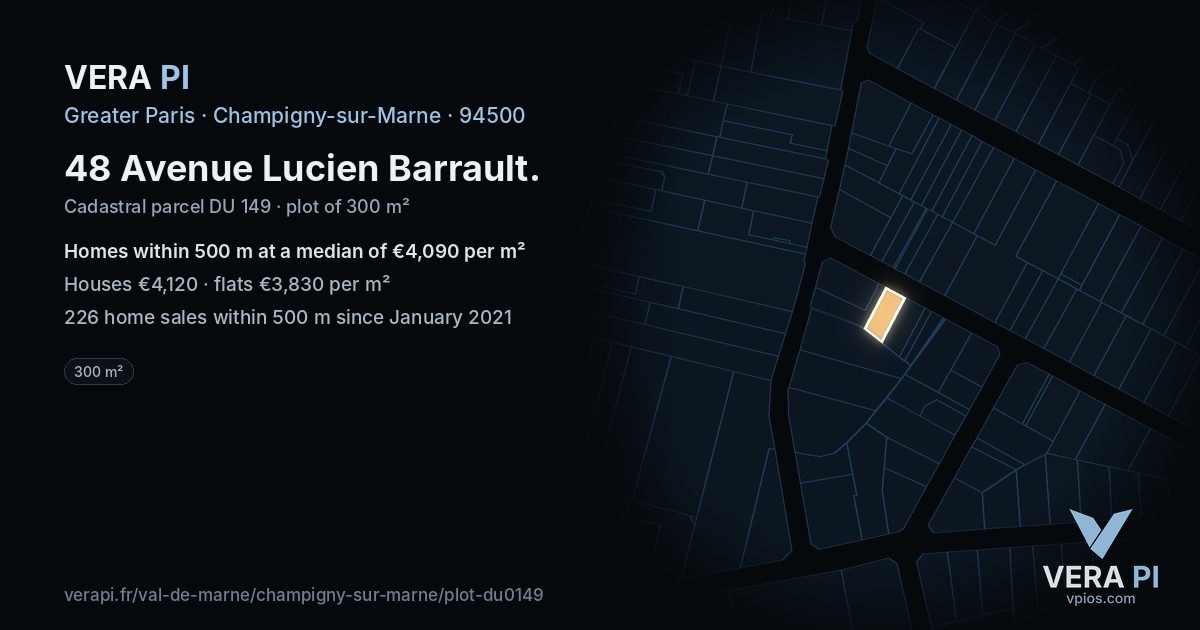 48 Avenue Lucien Barrault, Champigny-sur-Marne at night – the plot lit, the parcels around coloured by the prices near them