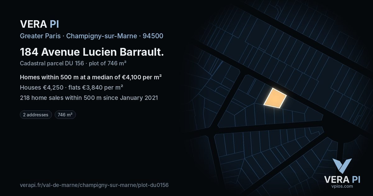 184 Avenue Lucien Barrault, Champigny-sur-Marne at night – the plot lit, the parcels around coloured by the prices near them