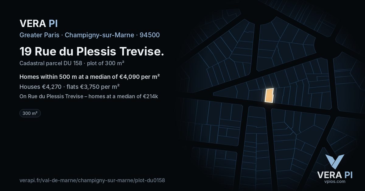 19 Rue du Plessis Trevise, Champigny-sur-Marne at night – the plot lit, the parcels around coloured by the prices near them
