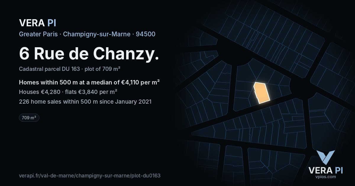 6 Rue de Chanzy, Champigny-sur-Marne at night – the plot lit, the parcels around coloured by the prices near them