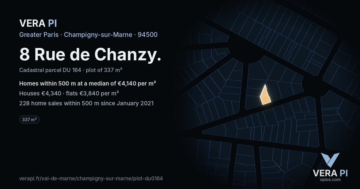 8 Rue de Chanzy, Champigny-sur-Marne at night – the plot lit, the parcels around coloured by the prices near them