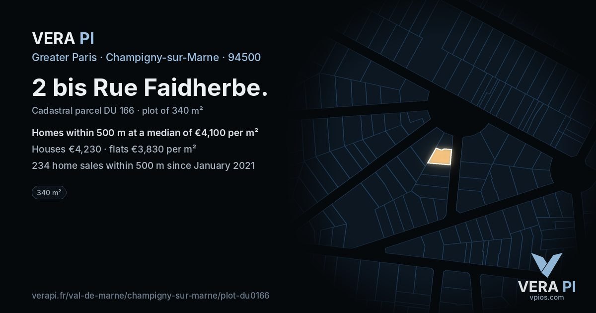 2 bis Rue Faidherbe, Champigny-sur-Marne at night – the plot lit, the parcels around coloured by the prices near them