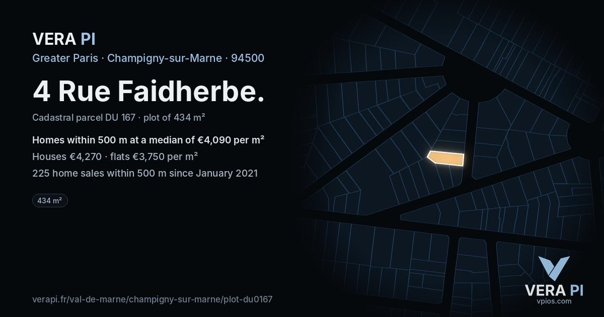 4 Rue Faidherbe, Champigny-sur-Marne at night – the plot lit, the parcels around coloured by the prices near them