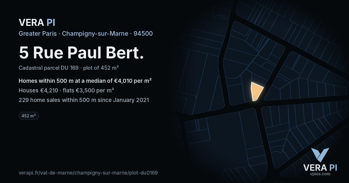 5 Rue Paul Bert, Champigny-sur-Marne at night – the plot lit, the parcels around coloured by the prices near them