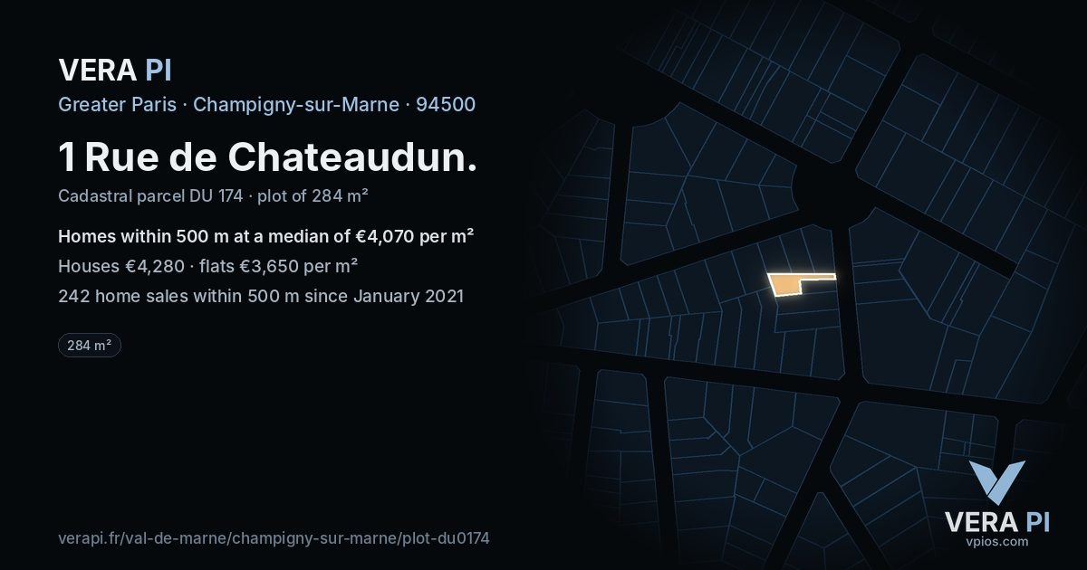 1 Rue de Chateaudun, Champigny-sur-Marne at night – the plot lit, the parcels around coloured by the prices near them