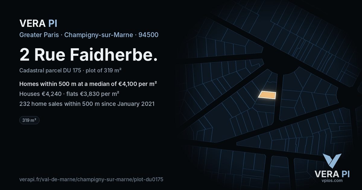 2 Rue Faidherbe, Champigny-sur-Marne at night – the plot lit, the parcels around coloured by the prices near them
