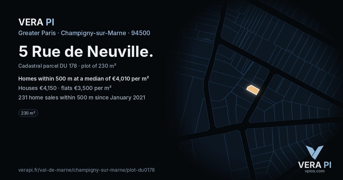 5 Rue de Neuville, Champigny-sur-Marne at night – the plot lit, the parcels around coloured by the prices near them
