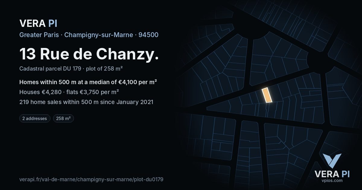 13 Rue de Chanzy, Champigny-sur-Marne at night – the plot lit, the parcels around coloured by the prices near them