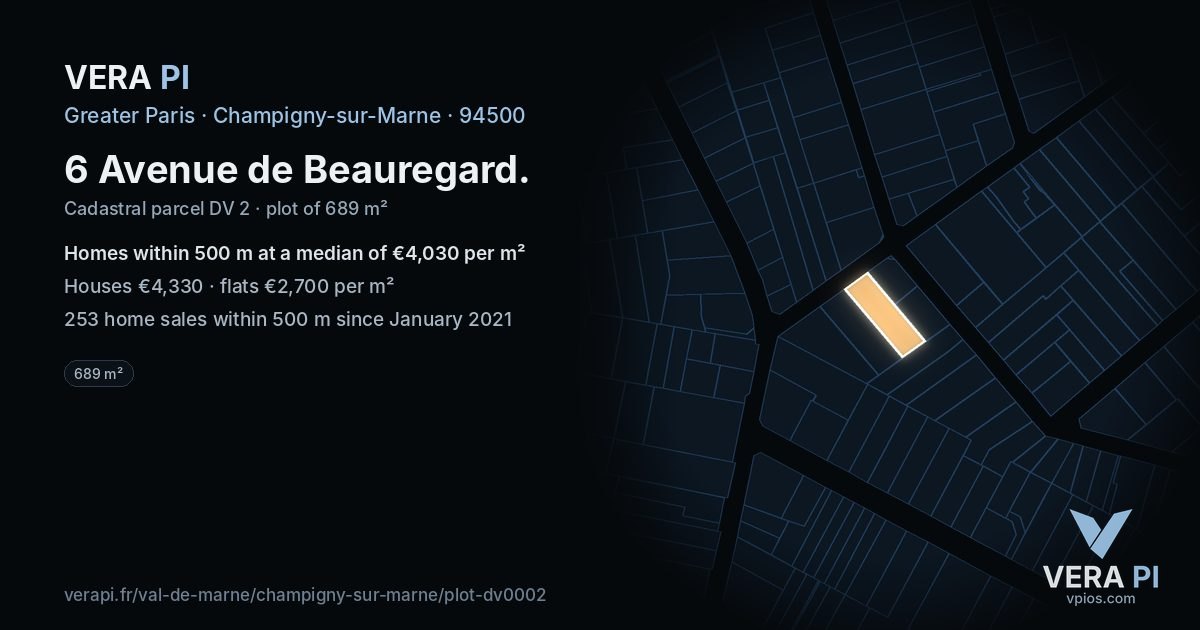 6 Avenue de Beauregard, Champigny-sur-Marne at night – the plot lit, the parcels around coloured by the prices near them