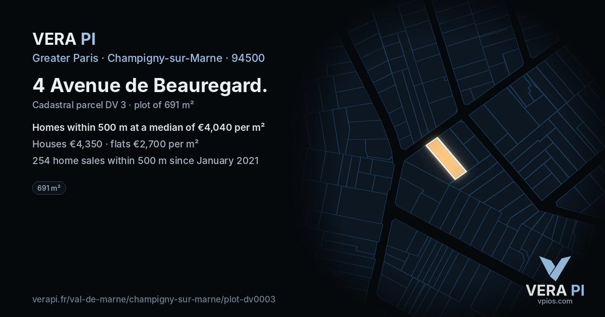 4 Avenue de Beauregard, Champigny-sur-Marne at night – the plot lit, the parcels around coloured by the prices near them