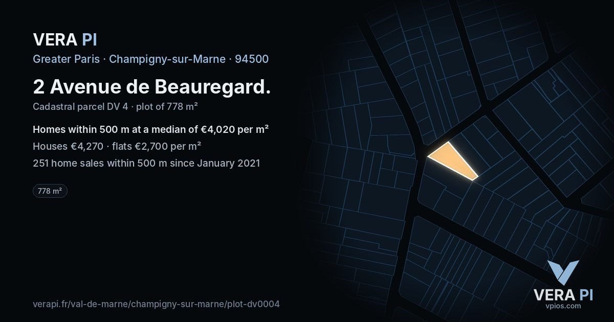 2 Avenue de Beauregard, Champigny-sur-Marne at night – the plot lit, the parcels around coloured by the prices near them