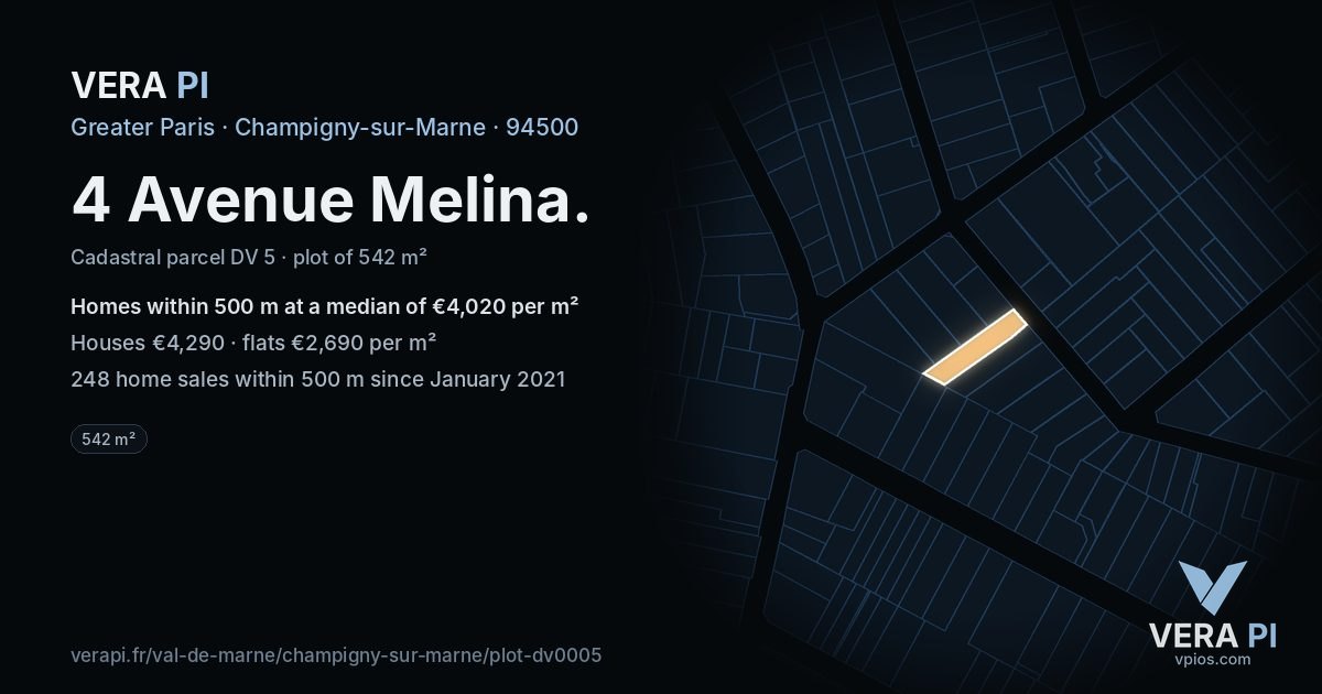 4 Avenue Melina, Champigny-sur-Marne at night – the plot lit, the parcels around coloured by the prices near them