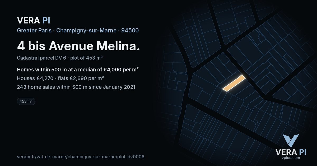 4 bis Avenue Melina, Champigny-sur-Marne at night – the plot lit, the parcels around coloured by the prices near them