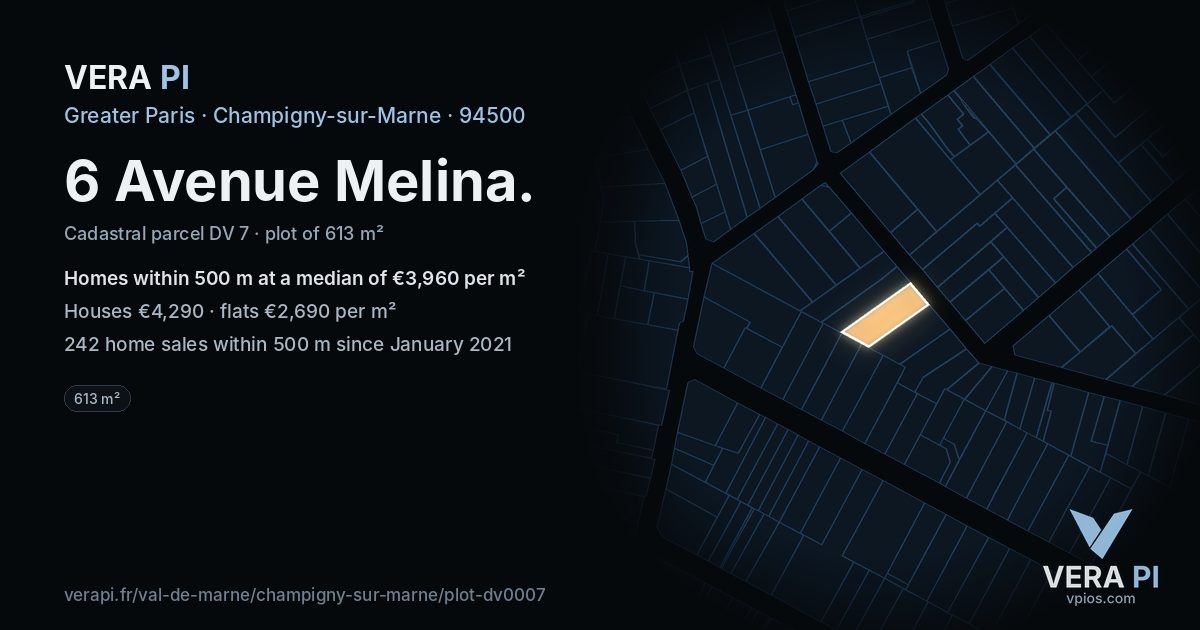 6 Avenue Melina, Champigny-sur-Marne at night – the plot lit, the parcels around coloured by the prices near them