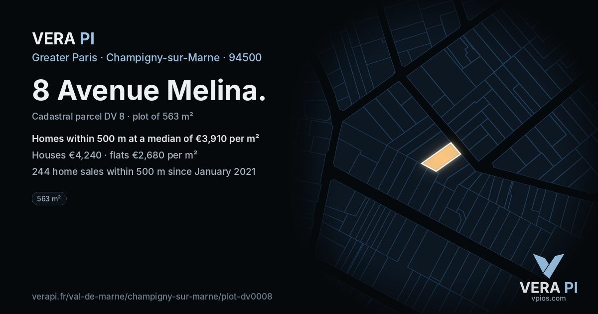 8 Avenue Melina, Champigny-sur-Marne at night – the plot lit, the parcels around coloured by the prices near them