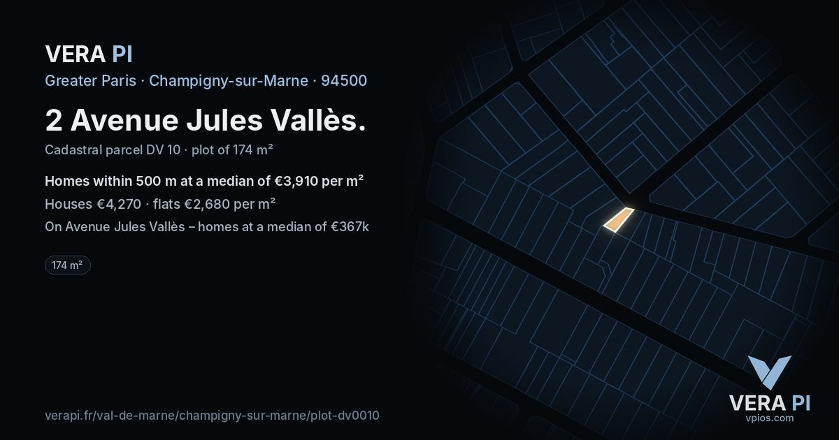 2 Avenue Jules Vallès, Champigny-sur-Marne at night – the plot lit, the parcels around coloured by the prices near them